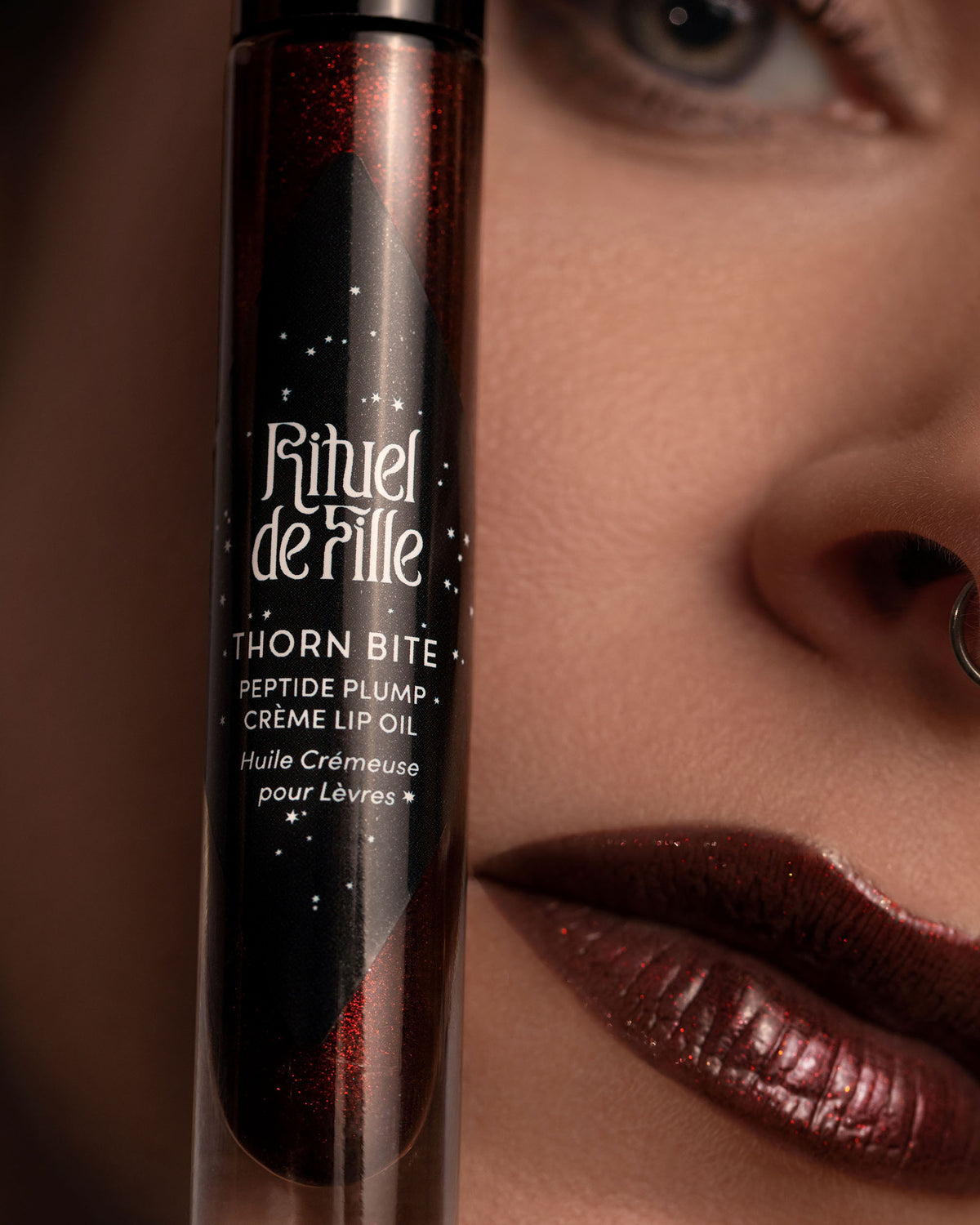 Close-up lip macro of Night Flower Thorn Bite lip oil